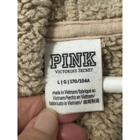 Pink Women's Sherpa Style Pull-Over Hoodie Tan Size L - Picture 8 of 8